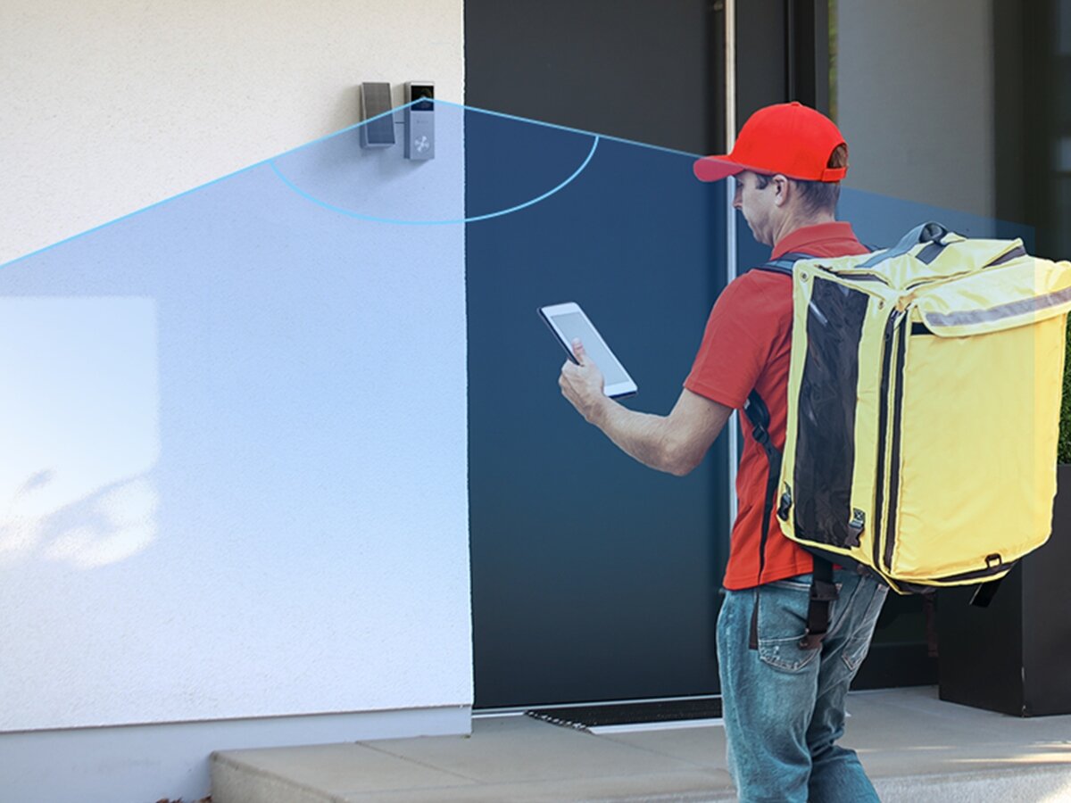 Wideodomofon EZVIZ CS-HP3 Pro Wi-Fi, inteligentny, ruch, powiadomienia, selekcja, Kurier w czerwonej czapce z tabletem, obszar wykrycia dzwonka wideo na ścianie