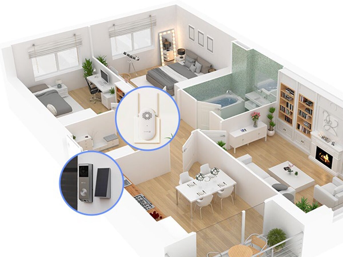 Wideodomofon EZVIZ CS-HP3 Pro Wi-Fi, głośność, dzwonek, zasięg, stabilność, Schemat mieszkania, dzwonek HP3 Pro oraz odbiornik dźwięku EZVIZ CH1, pokoje i akcesoria