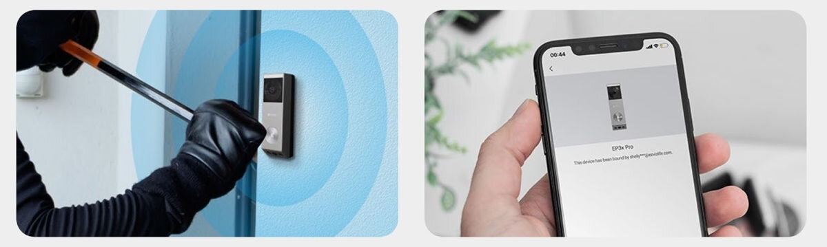 Wideodomofon EZVIZ CS-HP3 Pro Wi-Fi, alarm, powiadomienia, bezpieczeństwo, konto, Po lewej próba kradzieży dzwonka, po prawej powiadomienie na smartfonie o alarmie