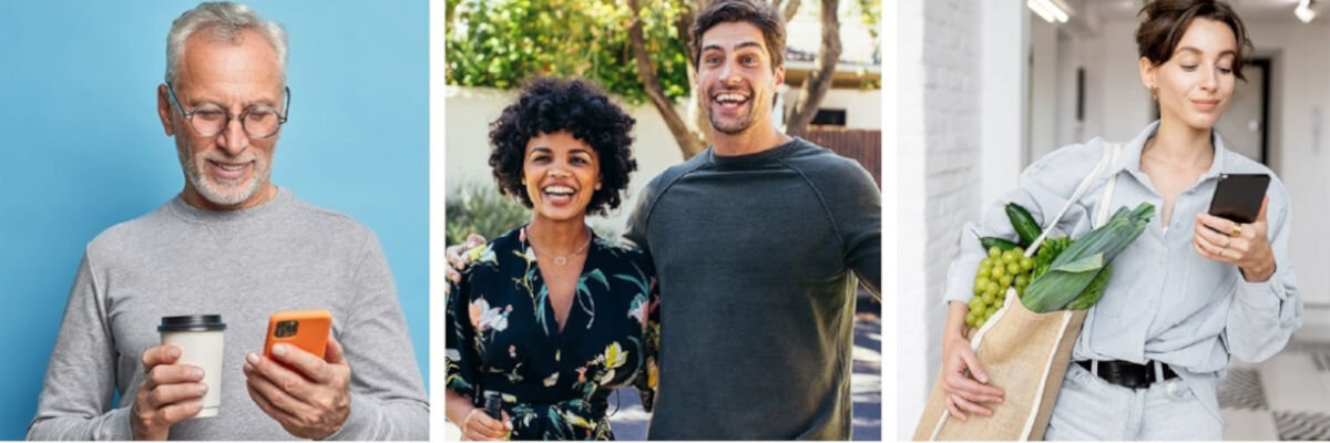 Zamek szyfrowy EZVIZ DL01 PRO+DL01CP+A3(KIT), dostęp, kontrola, stałe, czasowe, 3 zdjęcia w 1 przedstawiające 4 osoby korzystające z aplikacja EZVIZ