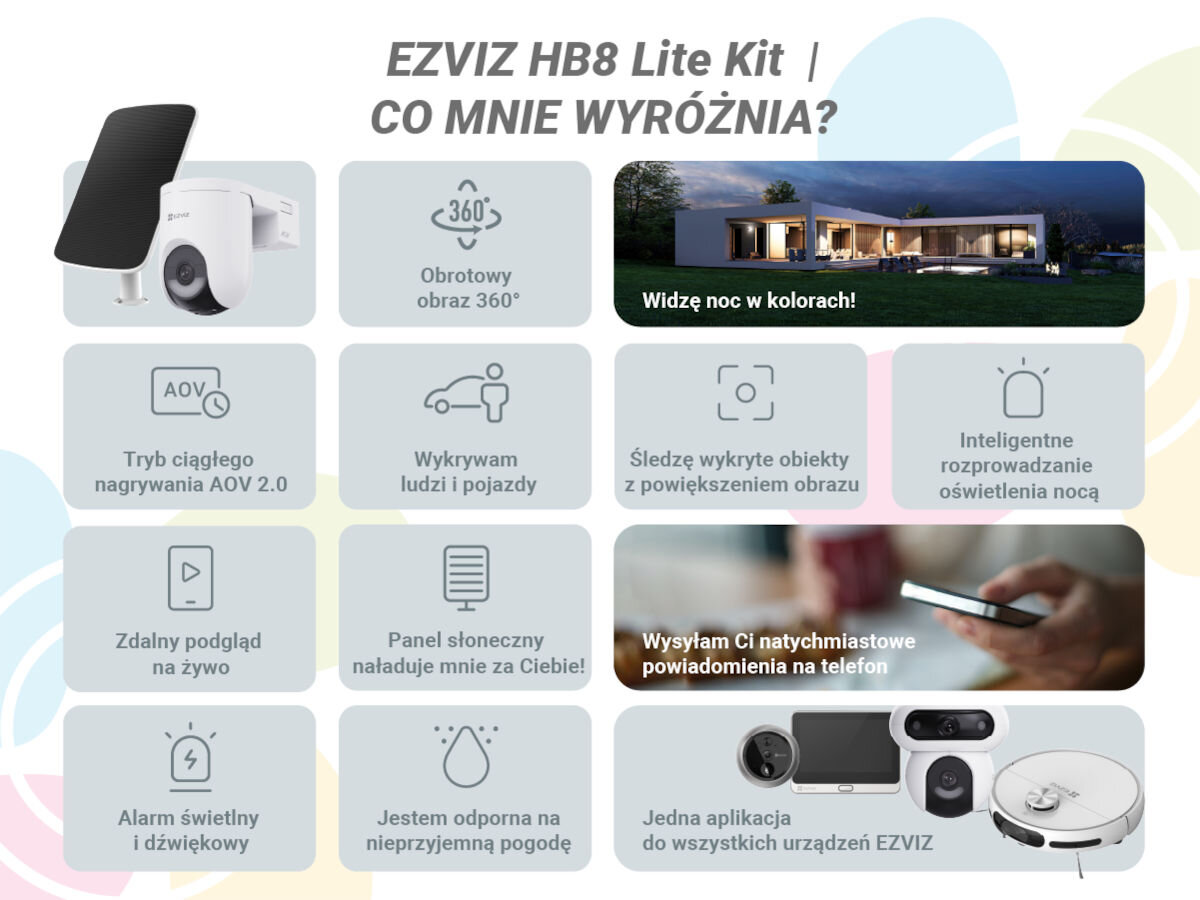 Kamera EZVIZ HB8 Zewnętrzna, Wi-Fi, Kamera obrotowa + Panel solarny, kamera, obrotowa, słoneczny, monitoring, Zestaw: kamera EZVIZ HB8 Lite z panelem słonecznym oraz ikony cech na szarej planszy.