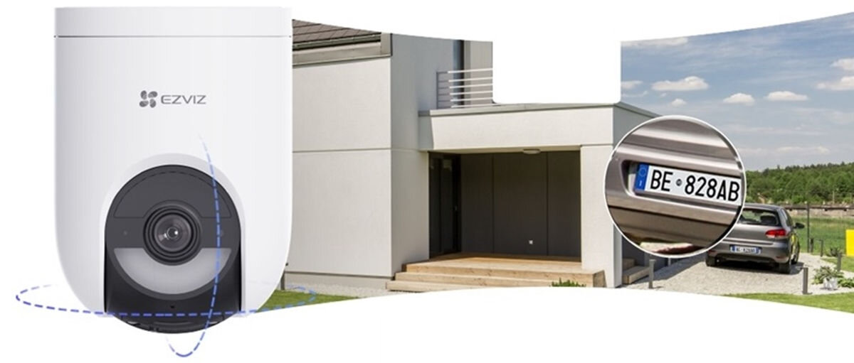 Kamera EZVIZ HB8 Zewnętrzna, Wi-Fi, Kamera obrotowa + Panel solarny, pełen, widok, szczegóły, rozdzielczość, Kamera EZVIZ HB8 Lite na elewacji, zbliżenie na tablicę rejestracyjną auta.