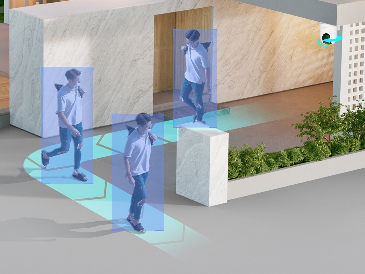 Kamera EZVIZ HB8 Zewnętrzna, Wi-Fi, Kamera obrotowa + Panel solarny, śledzenie, ruch, automatyczne, kadrowanie, Człowiek w trzech pozycjach wykrywany przez kamerę, wizualizacja śledzenia ruchu.