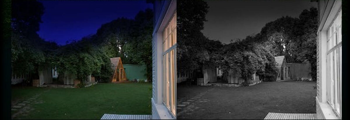 Kamera EZVIZ HB8 Zewnętrzna, Wi-Fi, Kamera obrotowa + Panel solarny, kolorowa, noc, jasność, reflektory, Porównanie kolorowego i czarno-białego obrazu nocą na podwórku z domkiem i roślinami.
