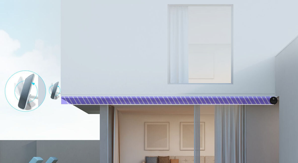 Kamera EZVIZ EB3 Zewnętrzna, 4G LTE + Panel solarny, obrót, kabel, wygoda, miejsce, Kamera oraz panel montowane pod dachem budynku, ikona obracania panelu, jasne wnętrze