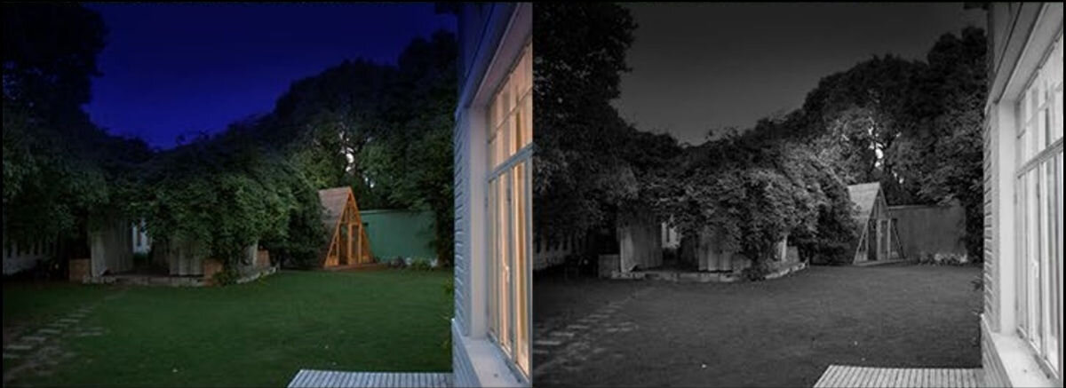 Kamera EZVIZ EB3 Zewnętrzna, 4G LTE + Panel solarny, kolor, noc, F1.6, reflektory, Podwórko nocą, porównanie obrazu kolorowego i czarno-białego z różnych trybów kamery