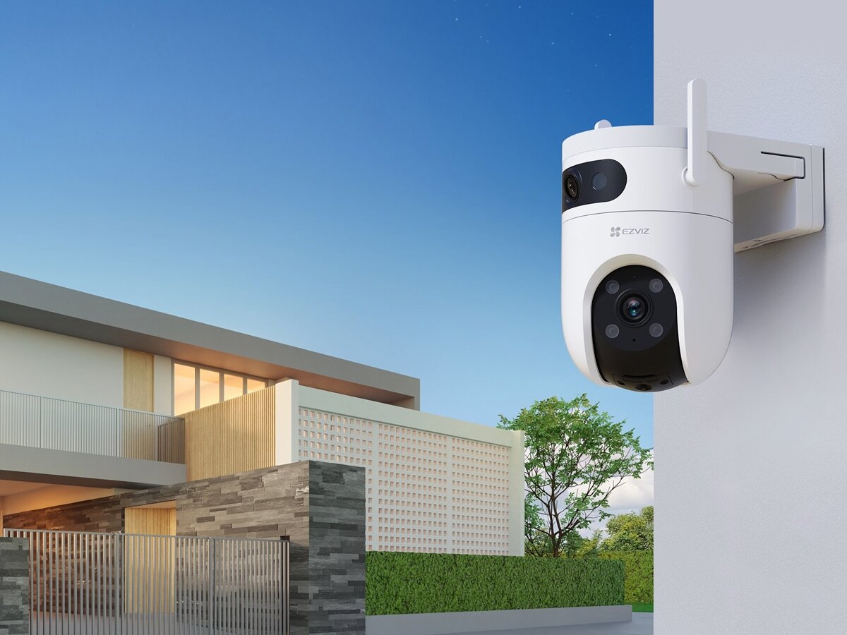 Kamera EZVIZ H9C Dual 3K Zewnętrzna, Wi-Fi / LAN, Kamera obrotowa, nietuzinkowe, obiektyw, jakość, rozdzielczość, Widok zbliżenia budynku z powiększeniem 4x i 8x obrazu z kamery.