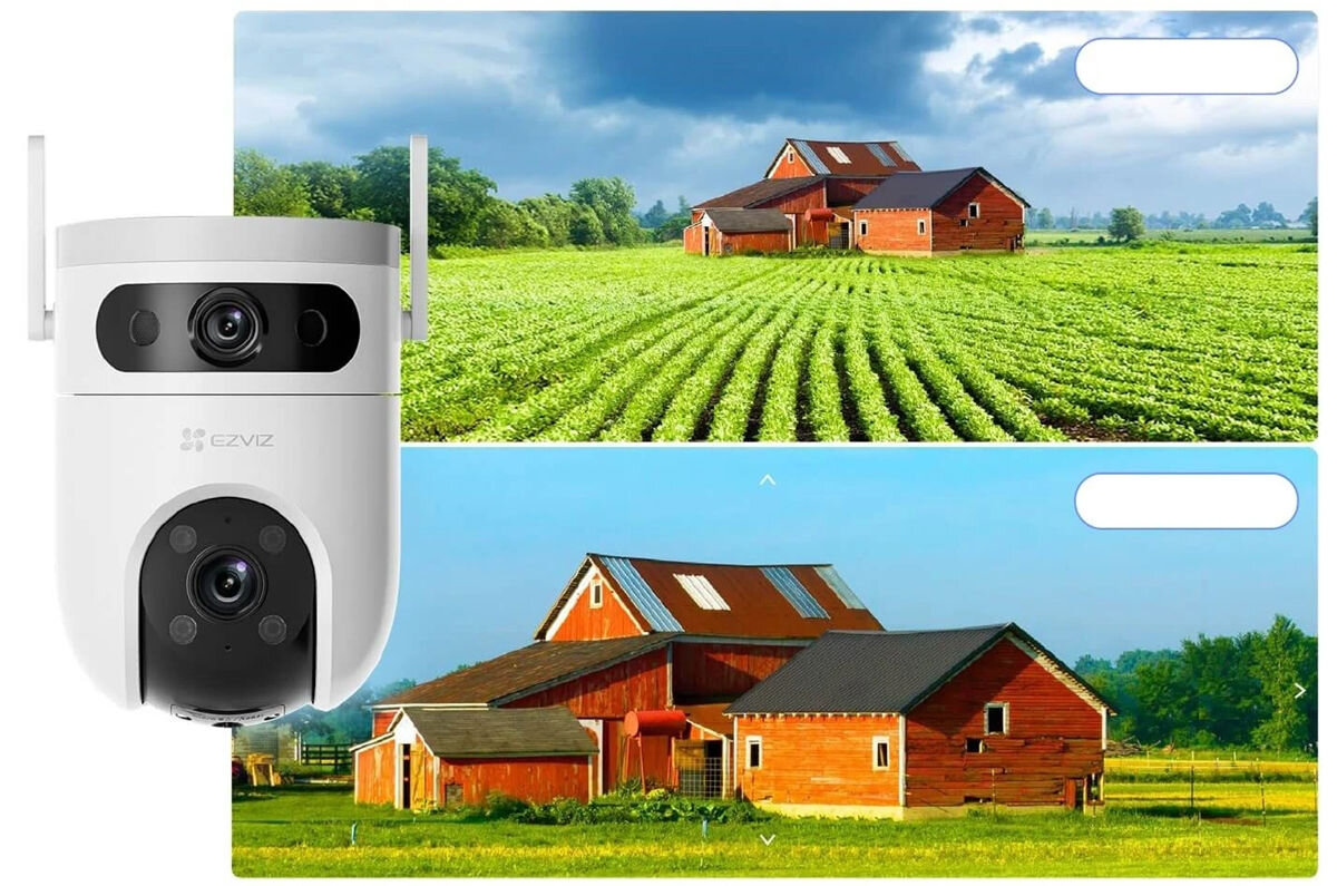 Kamera EZVIZ H9C Dual 3K Zewnętrzna, Wi-Fi / LAN, Kamera obrotowa, nieograniczone, zakres, rejestrowany, rozdzielczość, Kamera EZVIZ oświetlająca obszar nocą, widoczny podjazd i samochód.