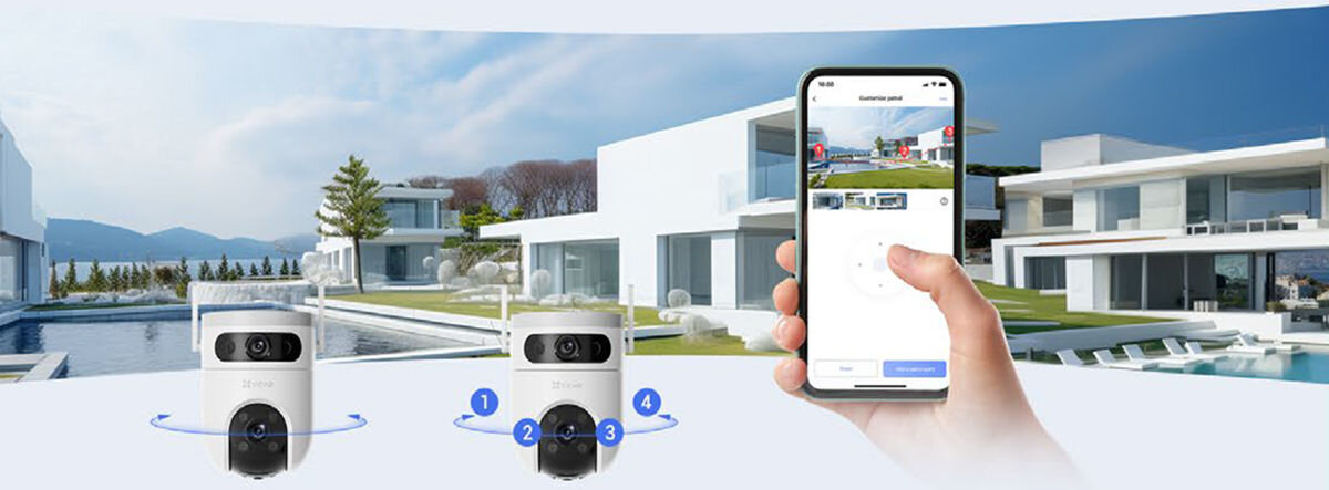 Kamera EZVIZ H9C Dual 3K Zewnętrzna, Wi-Fi / LAN, Kamera obrotowa, obszary, odstępy, zaplanowanie, kamera, automatyczne, Kamera EZVIZ na ścianie domu z dużym budynkiem w tle, za dnia.