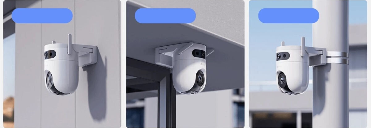 Kamera EZVIZ H9C Dual 3K Zewnętrzna, Wi-Fi / LAN, Kamera obrotowa, wygoda, ściana, powierzchnia, solidne, dopasowanie, Kamera EZVIZ H9c 3K przed panoramicznym widokiem pola i budynków, na niebieskim tle.