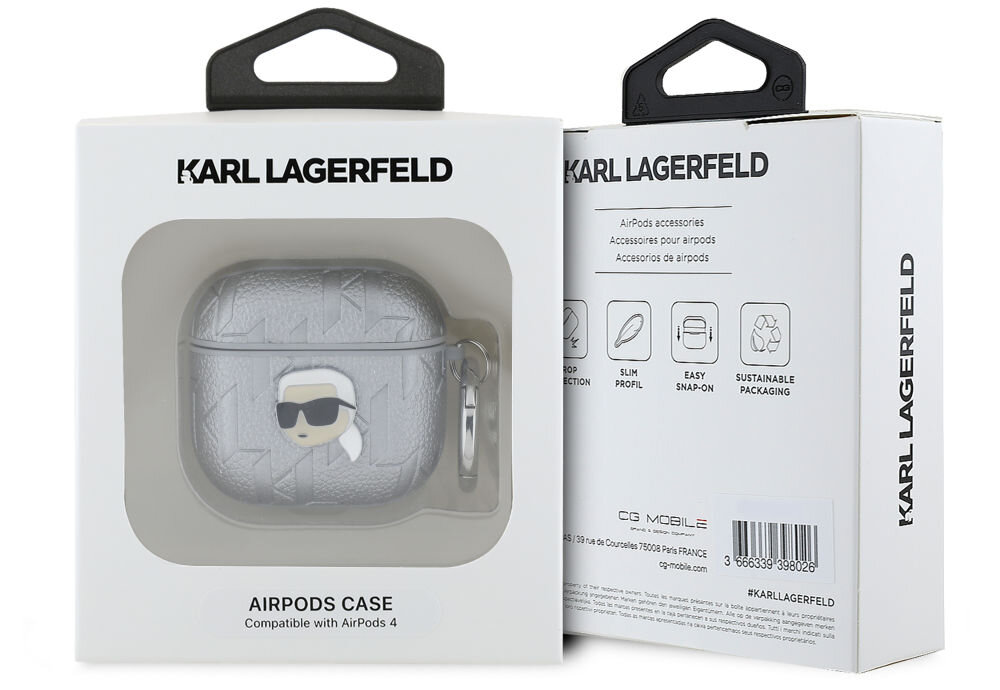 Opakowanie etui na słuchawki KARL LAGERFELD, widoczne przezroczyste okienko ukazuje srebrne etui z grafiką postaci w okularach. Na opakowaniu znajdują się napisy: \'AIRPODS CASE Compatible with AirPods 4\' oraz informacje o ochronie, smukłym profilu, łatwym montażu i ekologicznym opakowaniu.