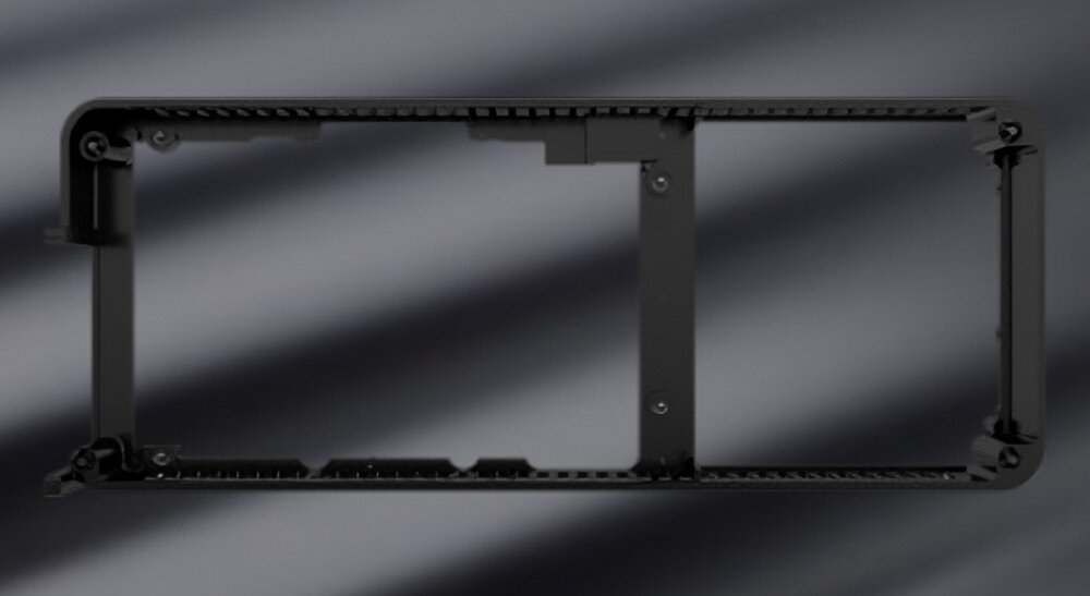 GAINWARD GeForce RTX 5090 Phantom GS 32GB Czarna, prostokątna metalowa ramka stanowiąca ochronną konstrukcję karty graficznej, pokazana na rozmytym tle, płyta ochronna, interfejs, porty