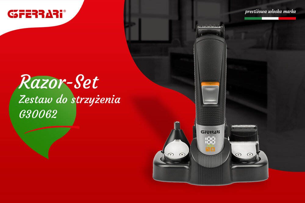 Strzyżarka G3FERRARI Razor-Set G30062 3-12 mm precyzyjne strzyżenie maszyna na stojaku czarna obudowa wyświetlacz końcówki czerwone tło