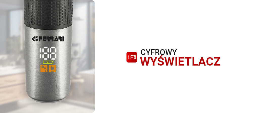 Strzyżarka G3FERRARI Razor-Set G30062 3-12 mm wyświetlacz ikonka baterii jasne tło Czytelny ekran cyfrowy wskazuje poziom naładowania akumulatora pełna kontrola nad stanem baterii wiadomo kiedy podłączyć urządzenie bez niespodzienek bez przerw w pracy dostępność gotowość do działania