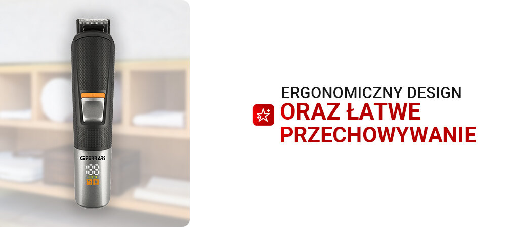 Strzyżarka G3FERRARI Razor-Set G30062 3-12 mm maszynka ostrze czarna obudowa wyświetlacz białe tło praktyczna podstawka do przechowywanie nasadek utrzymanie porządku wygodny dostęp do wszystkich akcesoriów Elegancki design niewielkie rozmiary (170 x 40 x 32 mm) oszczędność miejsca do małych przestrzeni
