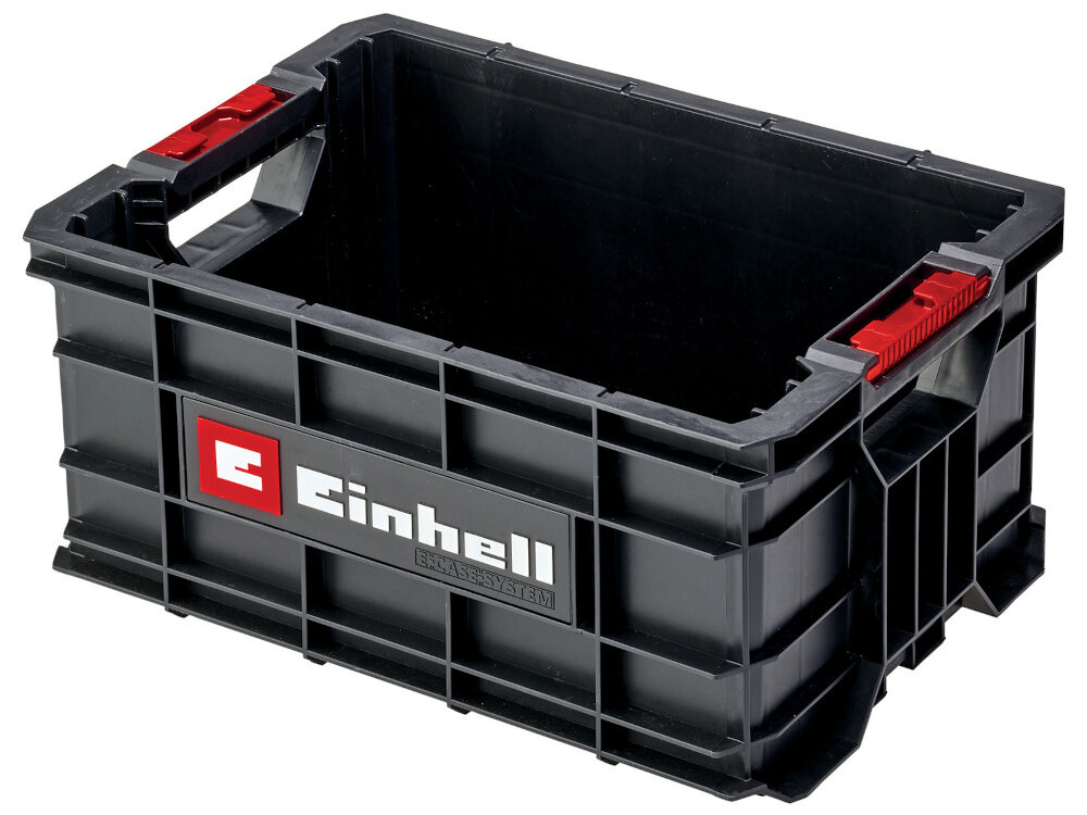 Skrzynka na narzędzia EINHELL E-Case 4540037 skrzynka na białym tle widoczna od przodu pod skosem lekko z góry do wygodnego przechowywania i transportu narzędzi oraz akcesoriów wszystkie potrzebne elementy znajdują się w jednym, łatwo dostępnym miejscu