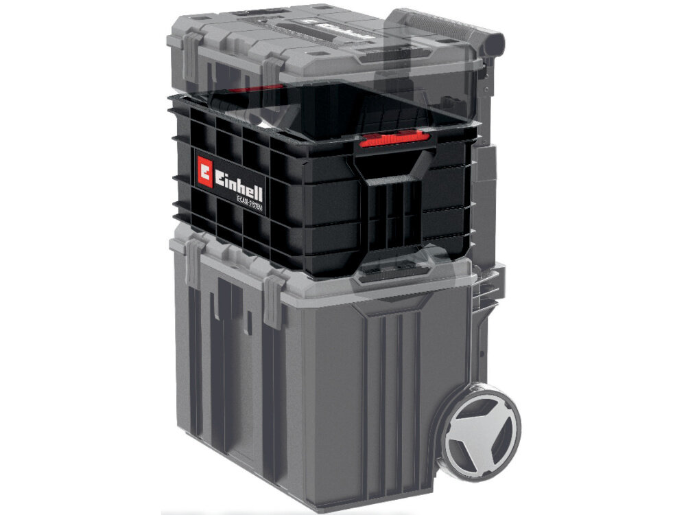 Skrzynka na narzędzia EINHELL E-Case 4540037 skrzynka umieszczona w systemie EINHELL E-Case białe tło część modułowego systemu EINHELL E-Case łączenie kilku elementów w stabilne stosy zamek systemowy piętrowe ułożenie