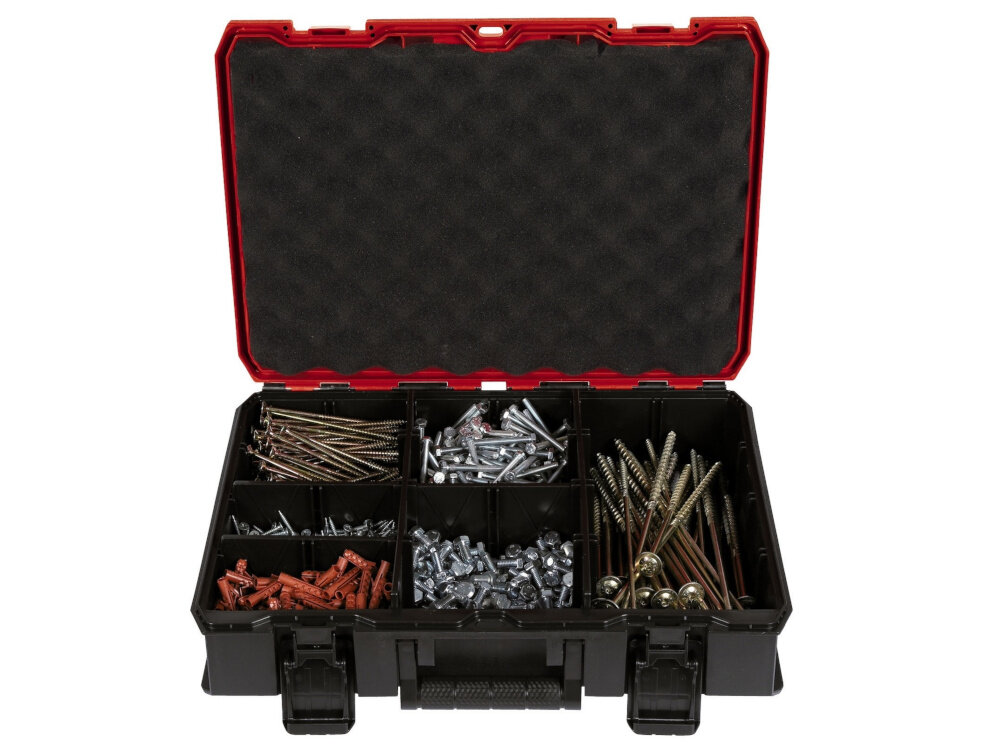 Walizka narzędziowa EINHELL E-Case S-F 4540020 otwarta walizka na białym tle wnętrze wypełnione narzędziami bezpieczne przechowywanie transport przemyślana konstrukcja porządek w miejscu pracy ochrona przed uszkodzeniami mechanicznymi i wpływem warunków zewnętrznych