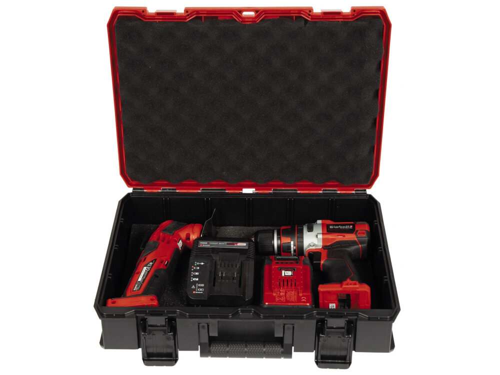 Walizka narzędziowa EINHELL E-Case S-F 4540019 otwarta walizka na białym tle wnętrze wypełnione narzędziami bezpieczne przechowywanie transport przemyślana konstrukcja porządek w miejscu pracy ochrona przed uszkodzeniami mechanicznymi i wpływem warunków zewnętrznych