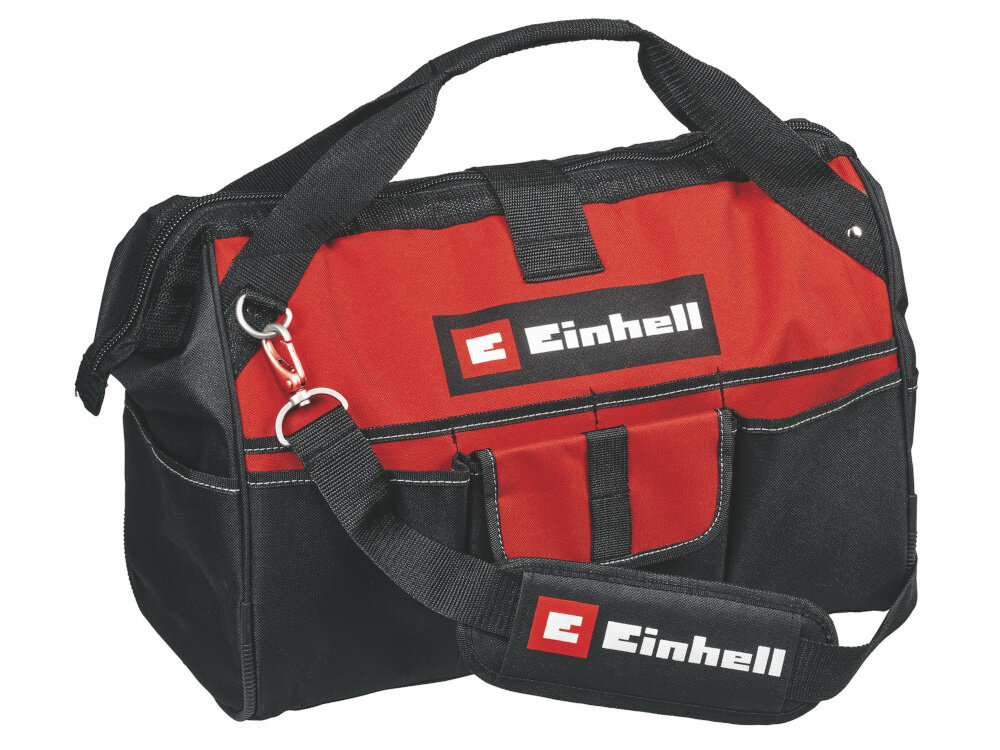 Torba narzędziowa EINHELL 4530074 torba na białym tle widoczna od przodu pod skosem do przechowywania i transportu narzędzi i akcesoriów wymiary 46,2 × 20,9 × 12 cm liczne kieszenie i przegródki segregacja sprzętu efektywność pracy i oszczędność czasu