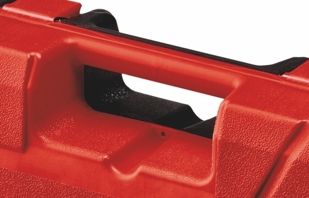 Walizka narzędziowa EINHELL 4540040 zbliżenie na uchwyt białe tło ergonomiczny uchwyt waga około 0,9 kg udźwig do 50 kg rozmiar 33,8 x 10,2 x 31,6 cm