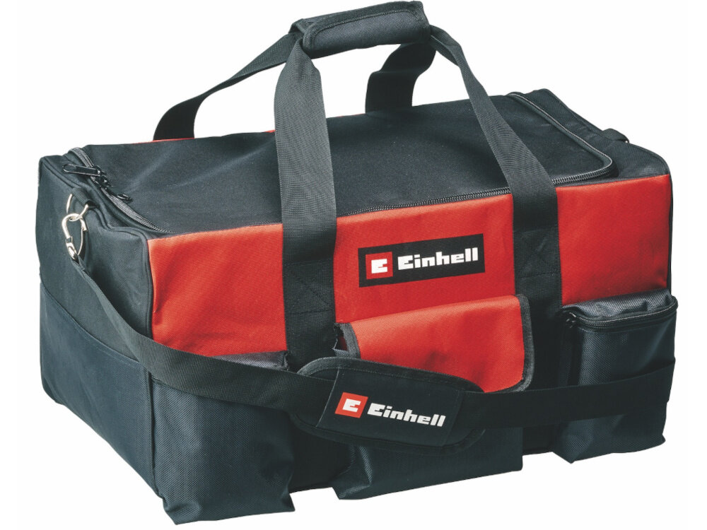 Torba narzędziowa EINHELL 4530078 torba na białym tle widoczna od przodu pod skosem do przechowywania i transportu narzędzi i akcesoriów wymiary 62,6 × 39,6 × 22,5 cm liczne kieszenie i przegródki segregacja sprzętu efektywność pracy i oszczędność czasu