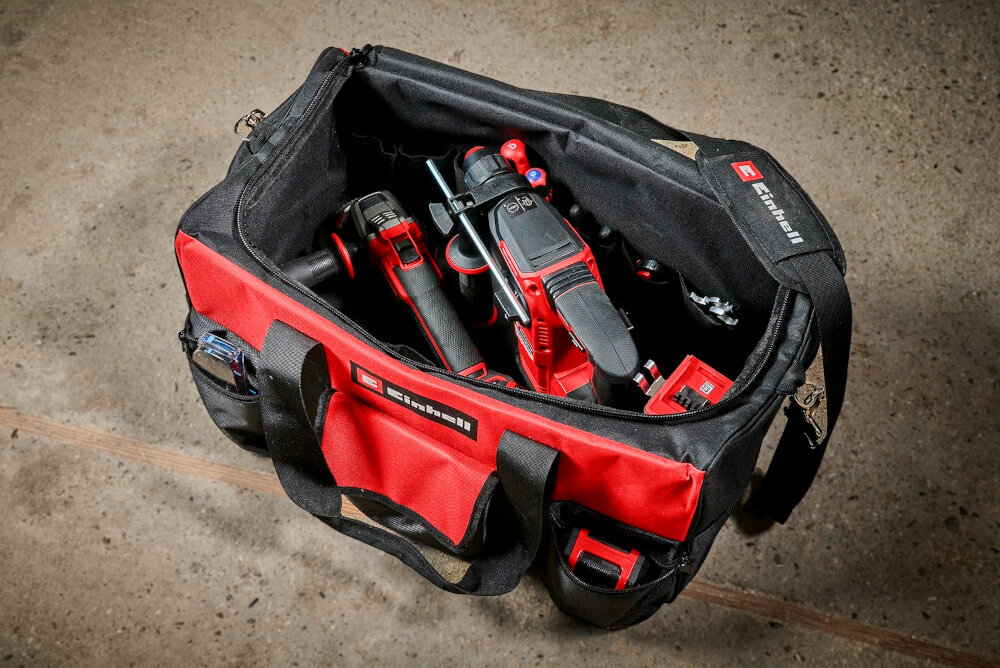 Torba narzędziowa EINHELL 4530078 pomieszczenie warsztat torba ustawiona na podłodze wewnątrz torby narzędzia z wytrzymałego nylonu lepiej opiera się przetarciom i rozciąganiu wzmocnione dno szwy i łączenia materiału zostały dodatkowo wzmocnione torba utrzymuje kształt