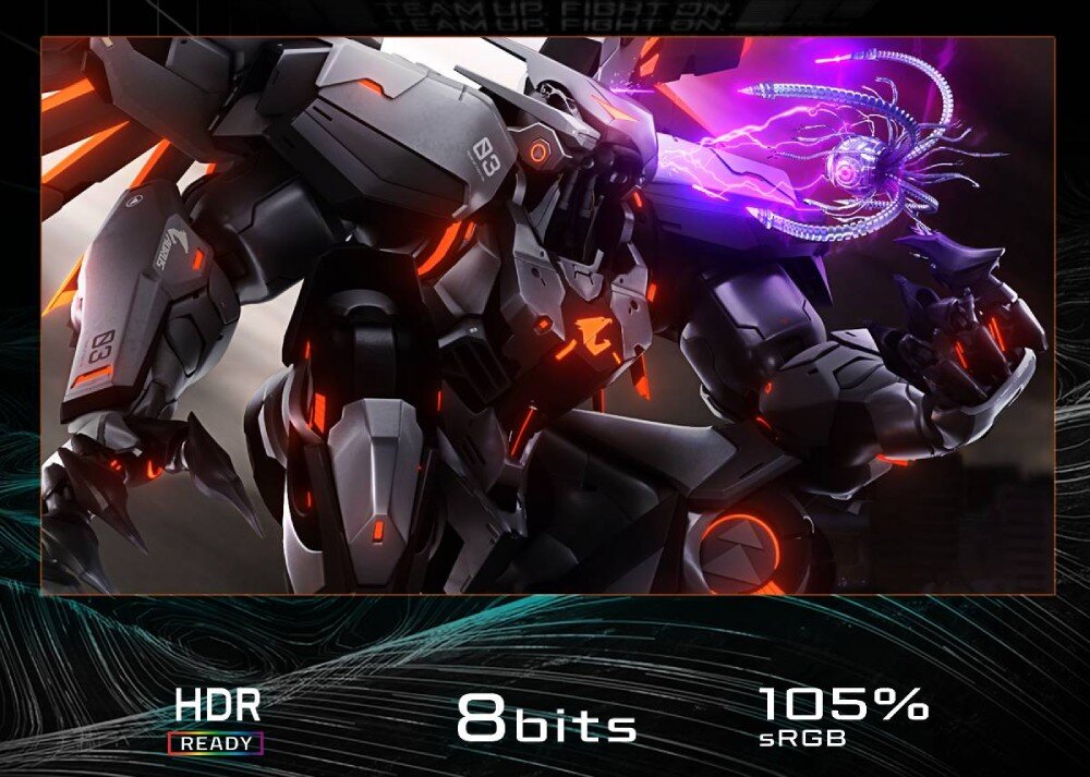 Monitor GIGABYTE GS27FA Grafika przedstawiająca mecha z czerwonymi i fioletowymi efektami świetlnymi. Na dole znajdują się napisy 'HDR Ready', '8 bits' i '105% sRGB', kolory, barwy, HDR Ready