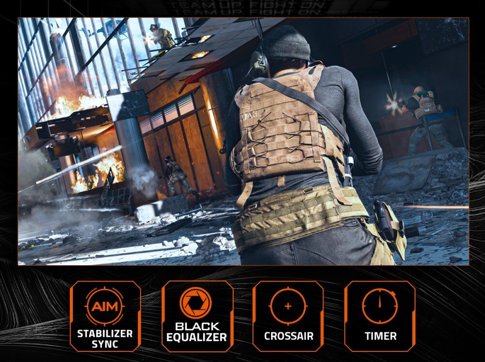 Monitor GIGABYTE GS27FA Postać w grze FPS celuje z broni, w tle widać wybuchy i walczących graczy. Na dole znajdują się ikony z funkcjami: 'Aim Stabilizer Sync', 'Black Equalizer', 'Crosshair' i 'Timer', funkcje dla graczy, celownik, dostosowanie