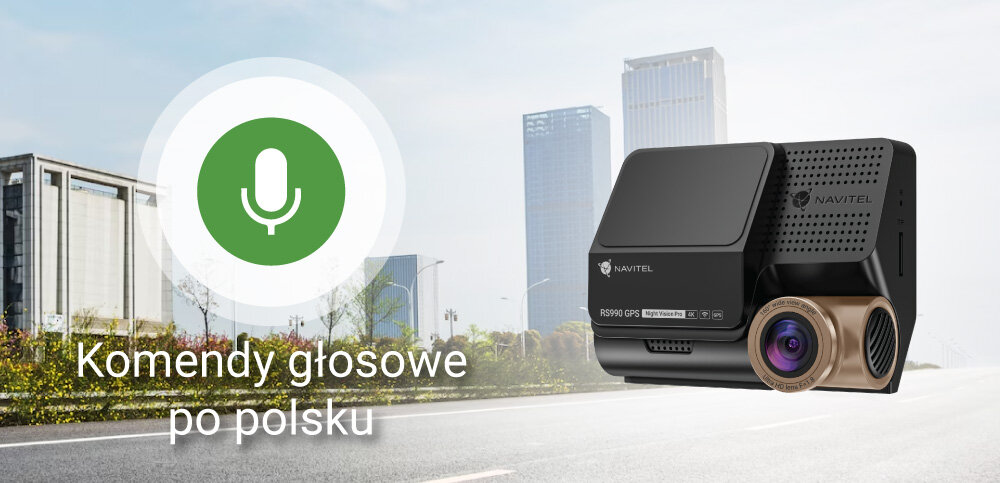 Wideorejestrator NAVITEL RS990 GPS sterowanie głosowe komendom głosowym kluczowe funkcje urządzenia - wideorejestrator na tle miasta
