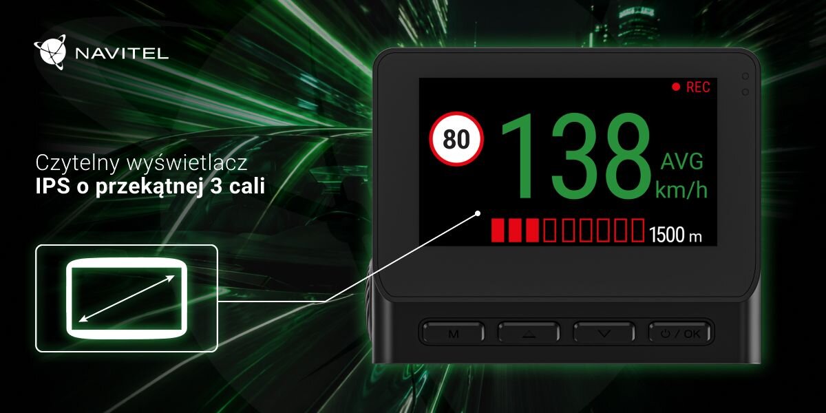 Na pierwszym planie widoczny jest ekran urządzenia z prędkością 118 km/h, ikonami drogowymi i napisem \'REC\'. Obok znajdują się napisy: \'Camera informer\', \'GPS\', \'Digital speedometer\'.