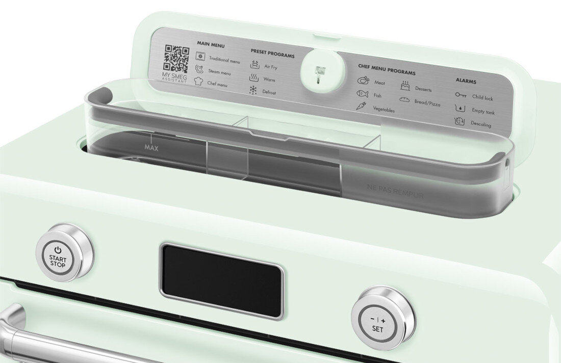 Piekarnik SMEG COF01PGEU Pastelowa zieleń Dostęp do przepisów z My Smeg Assistant Kod QR platforma My Smeg Assistant przewodniki, instrukcje i przepisy
