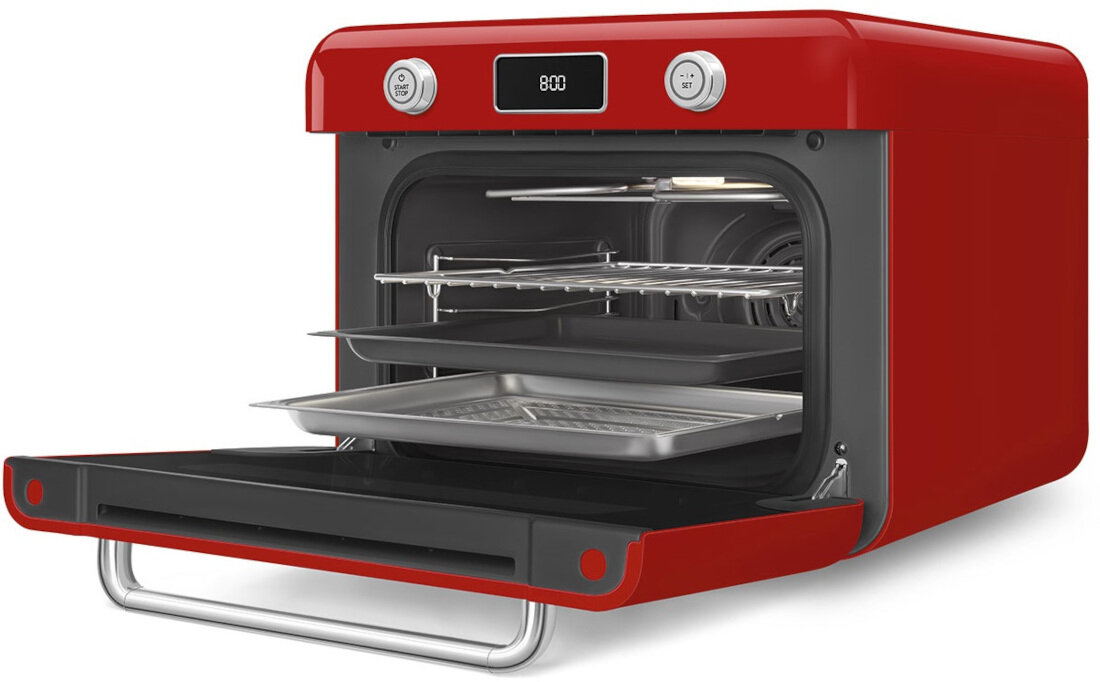 Piekarnik SMEG COF01RDEU Czerwony Proste czyszczenie i konserwacja funkcja czyszczenia parowego możliwość demontażu prowadnic i akcesoriów system odkamieniania z przypomnieniem pielęgnacja ułatwienie wydajność