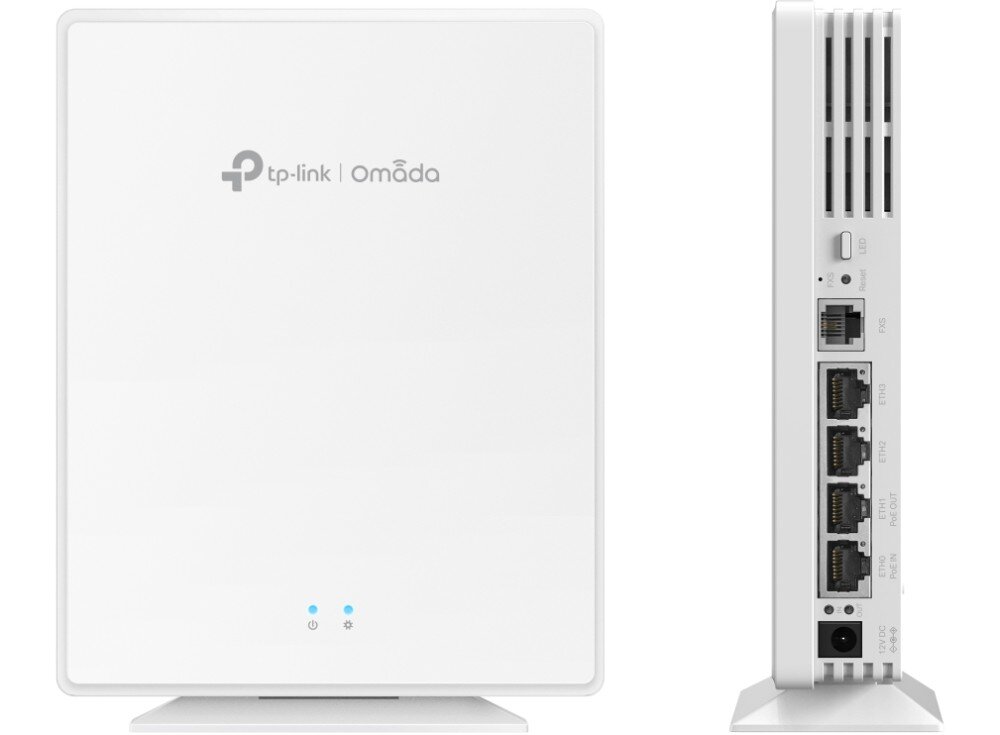 Na obrazie widoczny jest biały punkt dostępu z logo \'tp-link | Omada\' na przedniej stronie. Z boku znajdują się porty sieciowe i zasilania oraz otwory wentylacyjne.