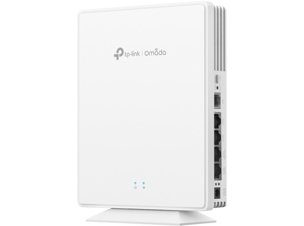 Biały punkt dostępu z logo \'tp-link Omada\' na przedniej stronie, posiada kilka portów sieciowych z boku.