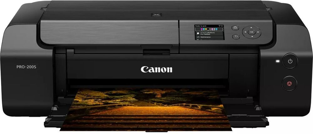 Drukarka CANON Pixma Pro-200S Druk w kolorze, Wi-Fi urządzenie na białym tle od przodu z wydrukowaną kartką Chroma Life 100 8 kolorów głębokie barwy wysoka jakość odwzorowania