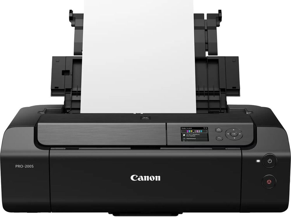 Drukarka CANON Pixma Pro-200S Druk w kolorze, Wi-Fi urządzenie na białym tle od przodu różne opcje podawania nośników mechanizm automatycznego prostowania eliminacja błędów przy pobieraniu papieru wysoka efektywność działań