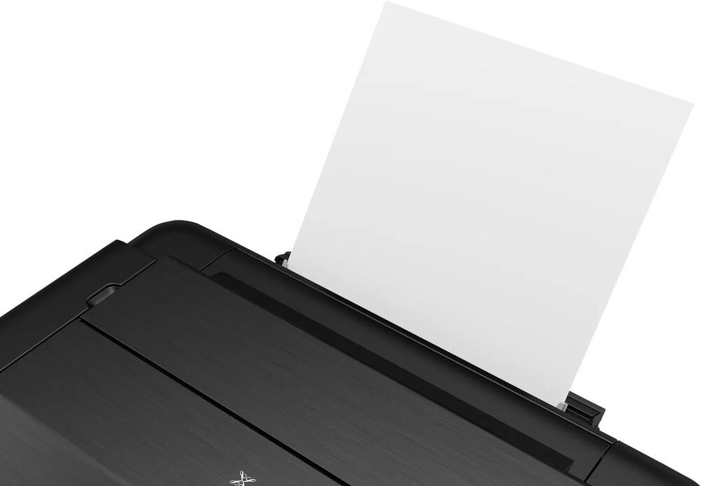 Drukarka CANON Pixma Pro-200S Druk w kolorze, Wi-Fi urządzenie na białym tle od przodu pod kątem zbliżenie na włożoną czystą kartkę szeroki zakres obsługiwanych rodzajów i rozmiarów papieru dopasowanie papieru do zdjęcia ochrona przed zagnieceniem