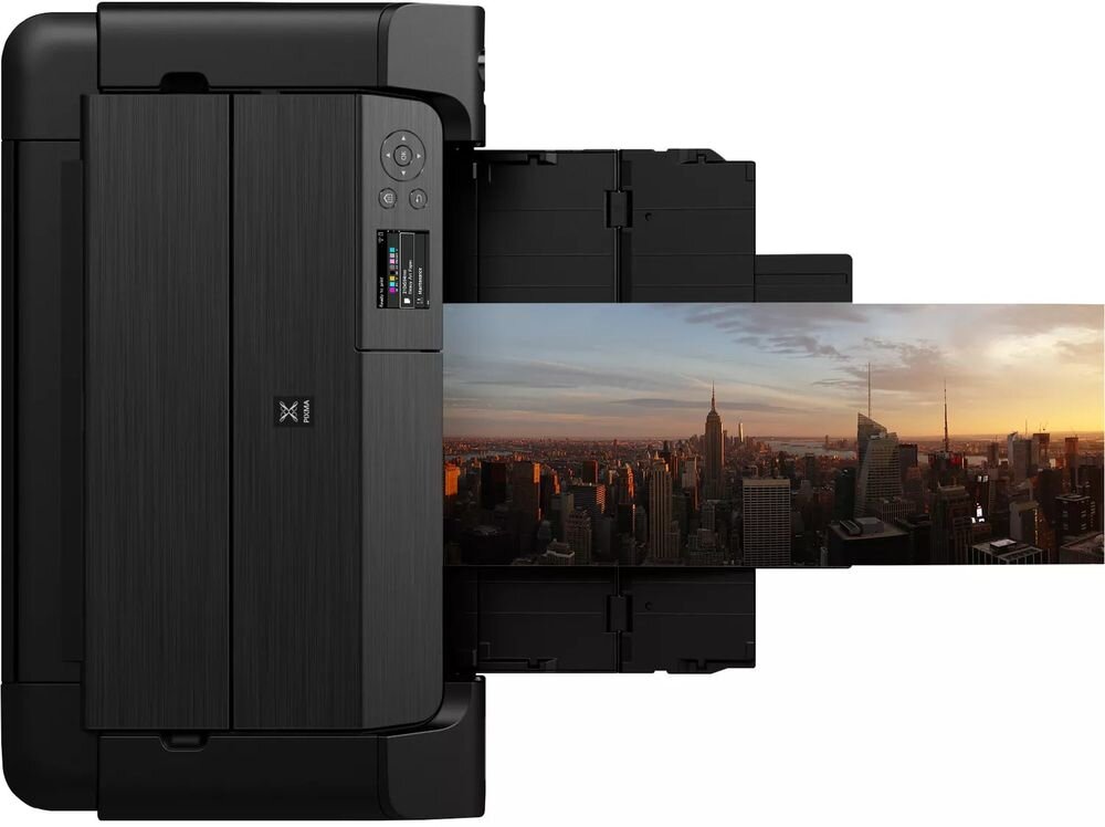 Drukarka CANON Pixma Pro-200S Druk w kolorze, Wi-Fi urządzenie na białym tle od góry z wychodzącą kartką druk panoramiczny produkcja panoram niestandardowe formaty druk bez ramki