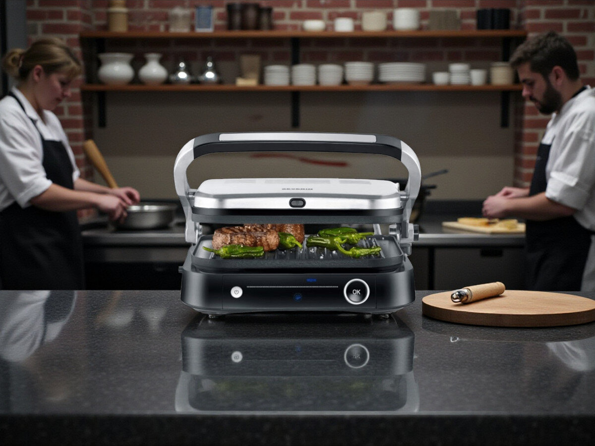 Grill elektryczny SEVERIN KG 2395, kuchnia, grill, potrawy, smażenie, Grill elektryczny ustawiony na szarej, ogrodowej ławce, z otwartą pokrywą. Górna płyta grzewcza zajęta przez grillowane warzywa: cukinię, szparagi i pieczarki, dolna przez dwa kawałki soczystego mięsa z dodatkiem świeżej cebulki. Obok grillatora wiązki świeżych ziół na czarnej tacce z kraciastą ściereczką oraz biała doniczka z fioletowymi kwiatami i kolorowe dekoracje w kształcie serca i motylka.