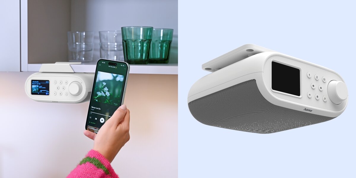 Radio HAMA 54259 - Muzyka bez ograniczeń, Spotify Connect, Bluetooth, radio umocowane pod szafką kuchenną, ręka trzymająca smartfona