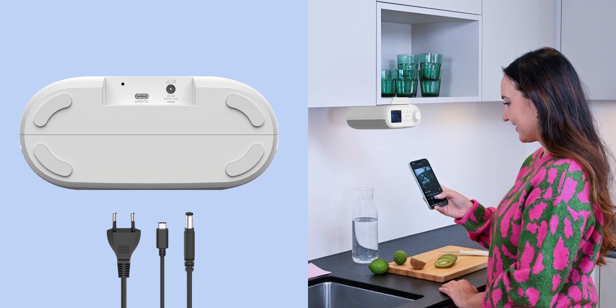 Radio HAMA 54259 - Stabilna łączność Wi-Fi, radio umocowane pod szafką kuchenną, osoba trzymająca w ręku smartfona