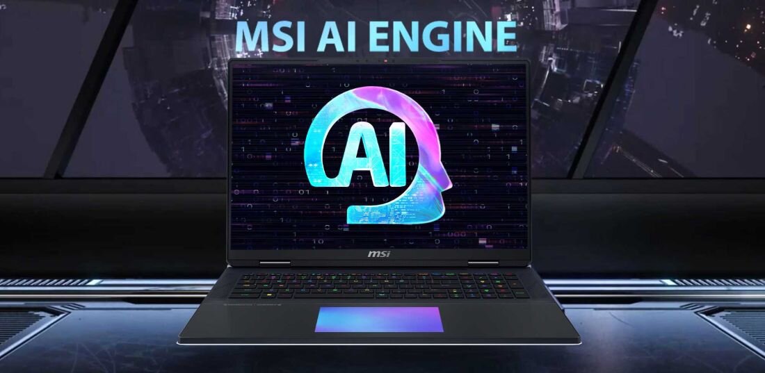 Laptop MSI Titan 18 HX AI - Laptop z wyraźnym logo MSI AI Engine, symbolizujący innowacje w technologii komputerowej. AI, Copilot, MSI AI Engine