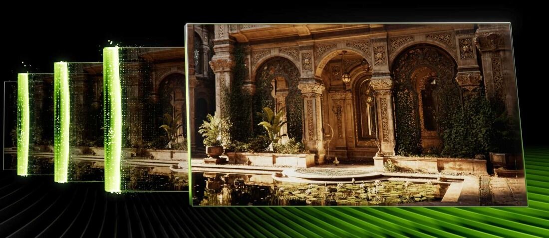 Laptop MSI Titan 18 HX AI - Zielone tło z wizualizacją budynku, ukazujące jego szczegóły architektoniczne. NVIDIA DLSS 4 Multi Frame Generation NVIDIA AI
