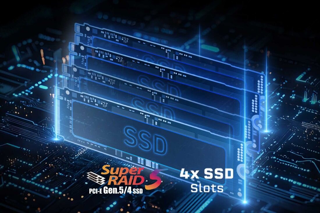 Laptop MSI Titan 18 HX AI - Obrazek przedstawia dysk SSD umieszczony na komputerze. dysk SSD, RAM DDR5, Super RAID