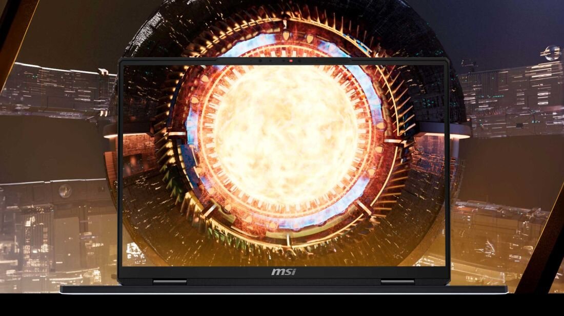 Laptop MSI Titan 18 HX AI - Laptop z dużym motywem słońca na wyświetlaczu, przyciągającym uwagę i inspirującym do działania. Mini LED 4K 120 Hz DisplayHDR 1000