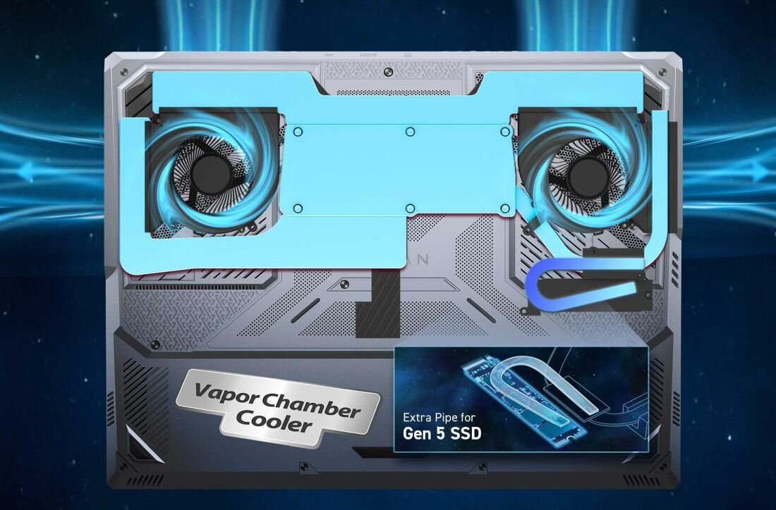 Laptop MSI Titan 18 HX AI - System chłodzenia z napisem vapor chamber cooler, ilustrująca innowacyjne podejście do efektywnego chłodzenia. Copilot MSI AI Engine