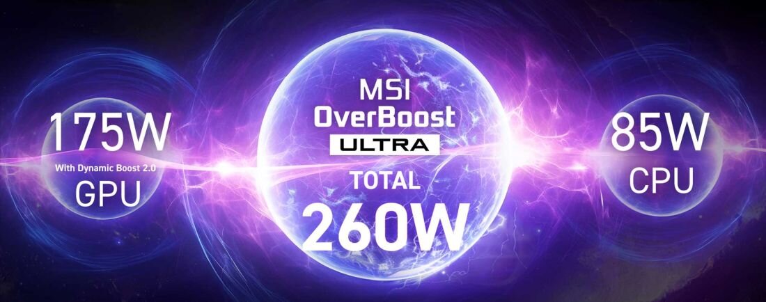 Laptop MSI Raider 18 HX AI - Obrazek przedstawia technologię MSI Overboost Ultra, zwiększającą wydajność sprzętu komputerowego. MSI OverBoost Dynamic Boost MSI Center
