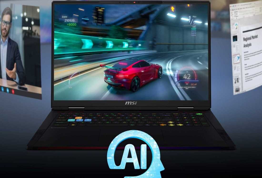 Laptop MSI Raider 18 HX AI - Ekran laptopa z napisem AI widoczny na tle. Copilot MSI AI Engine
