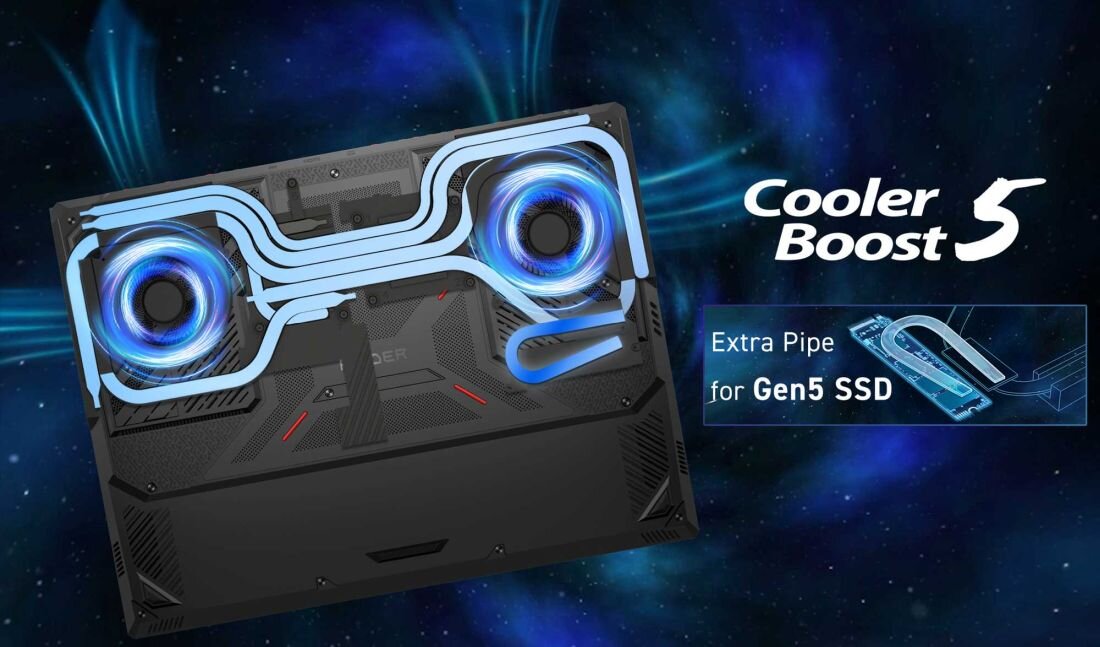 Laptop MSI Raider 18 HX AI - Chłodzenie Cooler Boost 5 z niebieskim podświetleniem, stworzone dla entuzjastów gier komputerowych. zaawansowany system chłodzenia